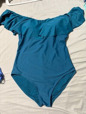 Time and Tru Teal Off-Shoulder Ruffle One-Piece Swimsuit